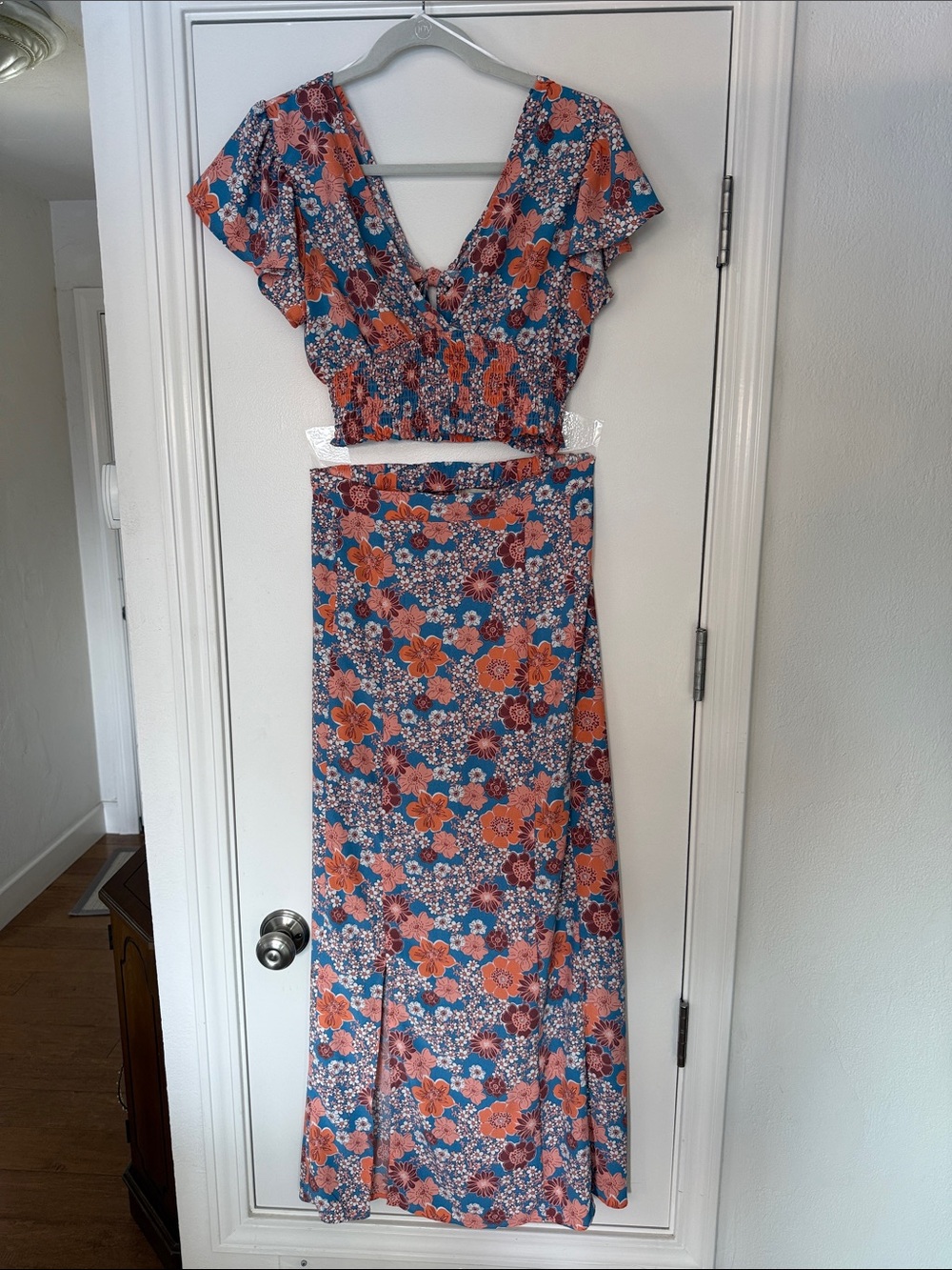 Altar'd State Maxi Skirt with Top- Blue with Coral Floral Print - 2 pc